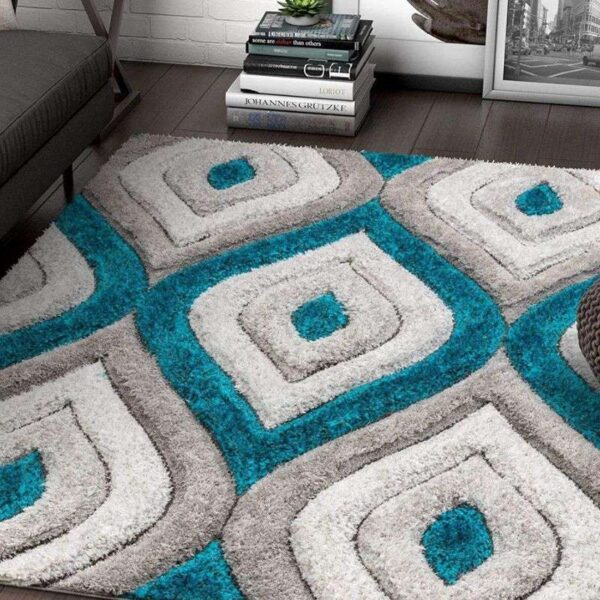 TAUKIR CARPETS Handmade 3D Edge Collection Super Soft Microfiber & Polyester Silk Touch Rectangular Rugs, Size 5X7,Feet Color, Teal-Beige - Image 2