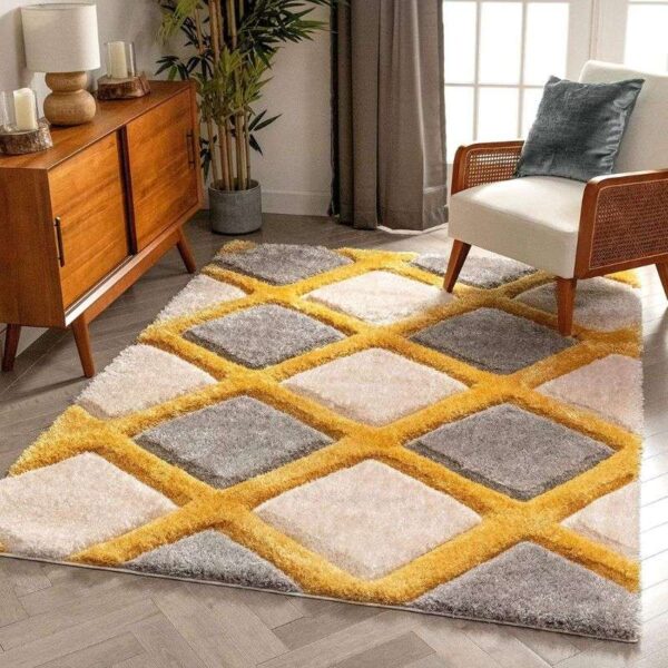 TAUKIR CARPETS-Handmade 3D Edge Collection Super Soft Microfiber Polyester Silk Touch Rectangular Carpet ,Size 5X7 Feet Color, Grey Yellow Ivory