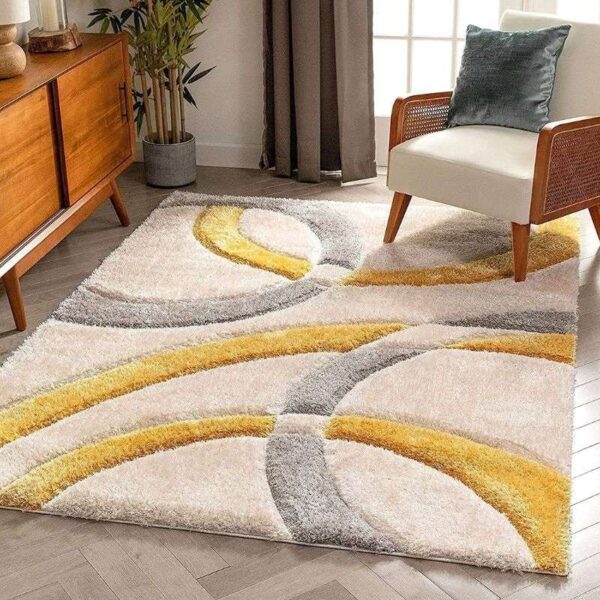 TAUKIR CARPETS Handmade Rectangular 3D Edge Collection Microfiber & Polyester Silk Touch Rugs, Size 5X7 Feet, Color Mustard Ivory - Image 3